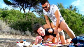 Skinny milf Zaza Coquine approached and nibbled by guys on the beach