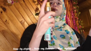 a beautiful veiled muslim student touches her hairy, never-shaved pussy