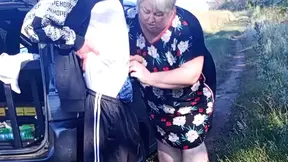 Naughty milf gives public handjob and blowjob to a lucky boy