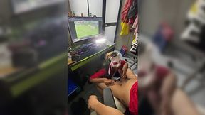 Football fan ass fucked while her hubby watches football
