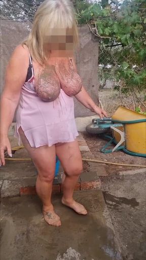 Mud Muddy Tits Outside Pink Babydoll