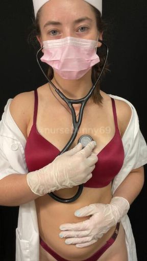 Self Stethoscope Exam Vintage Nurse White Stethoscope Stimulation Testing Lingerie to Topless Breast Play