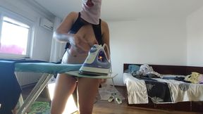 Sexy wife doing housework naked. Brunette hairy pussy, big ass, big tits.