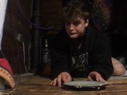 pet femboy queer dyke eats off the floor on leash