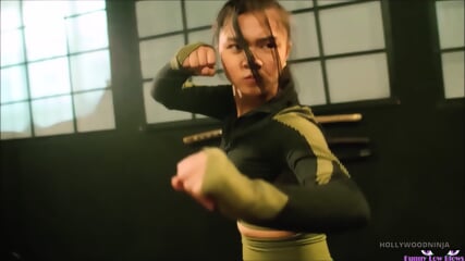 Miss Jackie Chan BALLBUSTING 2 nutshots Asian sexy female fighter KICK IN THE BALLS & NUT PUNCH