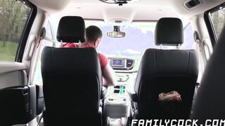 Stepson getting bareback hard by daddy inside the car