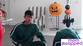 Stepson and stepmoms give sloppy blowjobs in a Halloween-themed POV