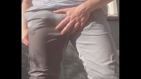 Young bro doesn'_t even try to hold it and wets himself on the balcony (probably training for bladder control)