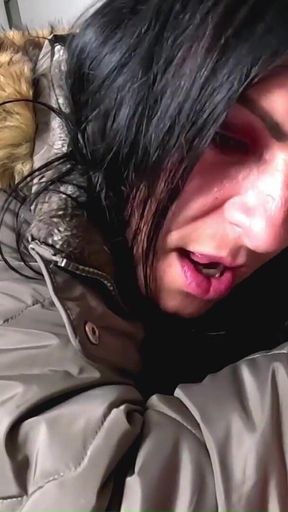 Glossy Fur Hood Downjacket. Deepthroat, Spit Play, Riding and Cum Dripping on My Coat