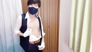 Shoppy JPN strokes his cock and blows a load while wearing gloves