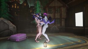 3d warcraft porn parody: futa elves in standing threesome with double penetration