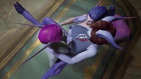 3d warcraft porn parody: futa elves in standing threesome with double penetration