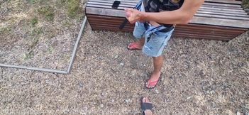 A random femboy jerks my cock and eats my cum in a public park