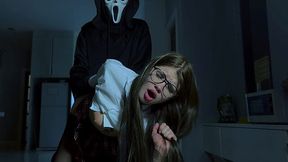 Hot schcool chick wearing glasses and uniform gets nailed in her butt by a Scream guy. Porn parody