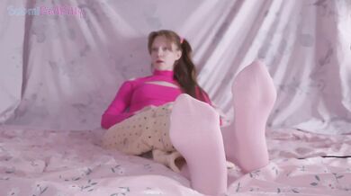 Cute Russian Redhead in Pajamas Socks Plays Alone While Sole Fetish Choking