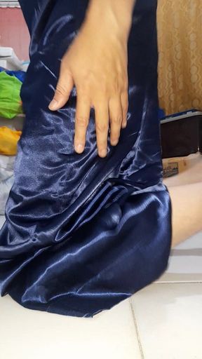 Asian Crossdresser Masturbate and Cum Inside Long Satin Blue Gown with Silky Lining