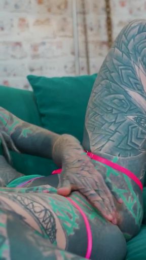 Ink Covered Beauty Solo Anal Toy Play in Lace Lingerie   Clip 1