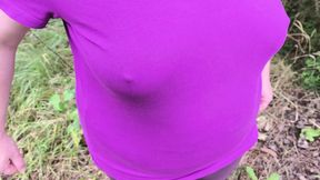 Exposing bare breasts in a parking lot for intense nipple play