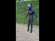 The puppy with the silicone mask is moving