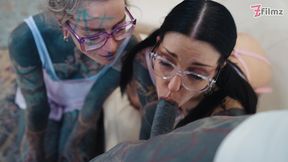 alt tattoo anal threesome with gapes, fisting, gagging on cock and cum on glasses