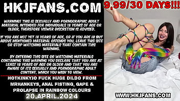 Hotkinkyjo fuck huge dildo from mrhankeys, anal fisting, gape &amp_ prolapse in rainbow colours