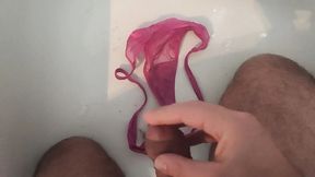 Handjob on the beautiful pink thong my girlfriend's girlfriend thong tanga panties sperm