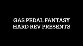 My step-sister in elegant black high heel pumps and black tights rev the gas pedal of the Toyota Corolla to the floor