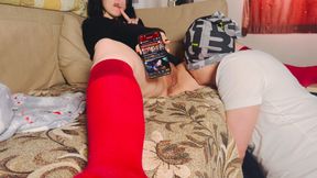 Dominant teen girl using her living masturbator while watching porn