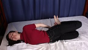 Blackshark: barefoot girl in red t-shirt and black jeans, hogtied with hemp rope, wiggles on the bed (HD MOV)