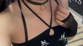 Strolling in public: fishnet stockings and black dress outfit