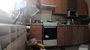 Sexy mom makes breakfast, hairy pussy, big tits. Sexy woman clears out the house, hairy, big ass.