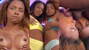 two babes with big butts jump on a thick cock!
