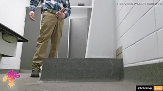 Hung Canadian daddy jerks massive uncut cock in public restroom