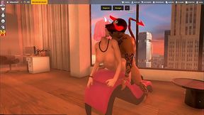 Tengo sexo multijugador en el juego de LoveCraft con una chica y un hombre tatuado