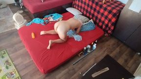 Sensual massage of a hot couple with oil on the body. Foreplay in the bedroom with an amateur couple.