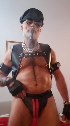 Cigar Stepdad Enjoyin Pipe with a New Pair of Nipple Clamps From Meo.de, Waiting for a Boy to Come and Play with Them