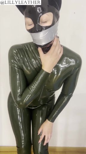 Gagged Latex Girl Tapes Her Mouth and Had an Intense Orgasm