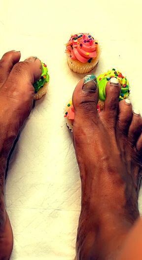 Smushing cupcakes with my feet