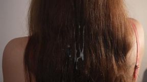 Amateur couple's doggystyle fuck ends with a hot brunette's hair covered in cum