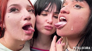 PutaLocura - Jovenes zorras Sara Villegas, Digna Morales y Laura Hardkinks tragan en el bukkake