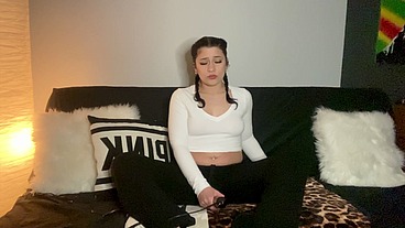 Cute Brunette Braids Fully Clothed Vibrator Orgasm