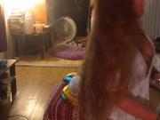 Hot step mom in bra and panties popping balloons with cigarettes, gets her horny and pussy soaked