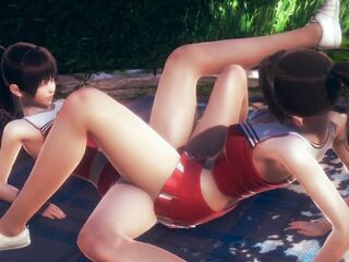 Cute Asian Cheerleaders Tribbing With Clothed