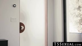 TSSexual.com - Two stunning tranny babes engage in a wild interracial anal fuck