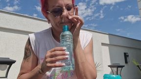 HUGE YELLOW NASAL MUCUS BLOW INTO A WATER BOTTLE AT THE TERRACE