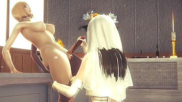 Hentai Uncensored - Haruka jerks off her boyfriend in her wedding dress - Japanese Asian Manga Anime Game Porn