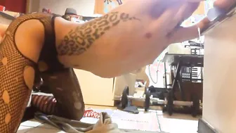 Crossdresser twink takes two dildos in spit roast session