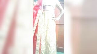 Indian Gay Crossdresser Bottom Gaurisisy Feeling Horny and Pressing and Playing with Her Big Boobs in Golden Lehanga
