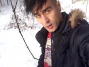 Funny fat cock intense jerking at frozen park