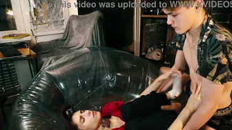 Twink lovers with tattoos fuck hard on a stool